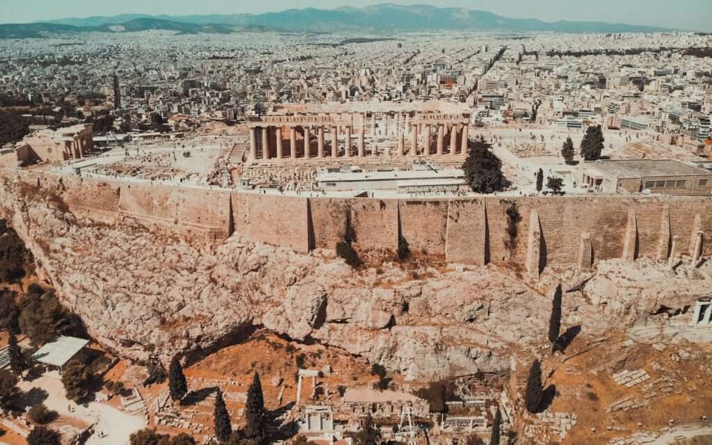Aerial view of the Parthenon on the Acropolis with the city of Athens spreading behind