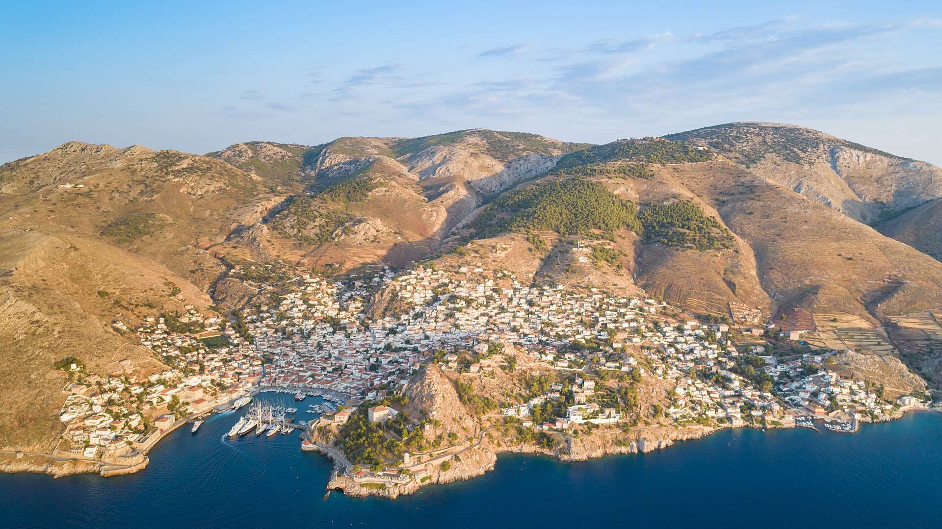 Hydra town and harbour from the air