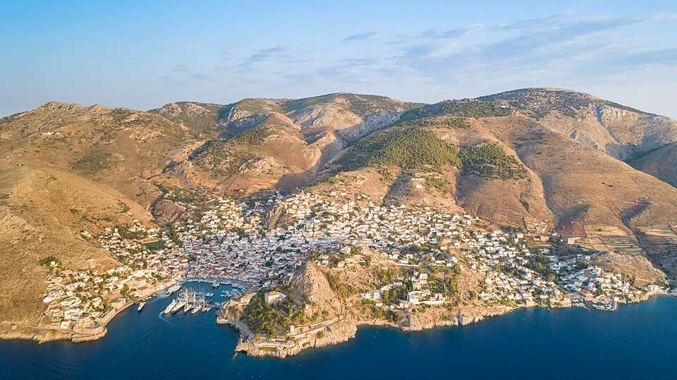 Hydra town and harbour from the air